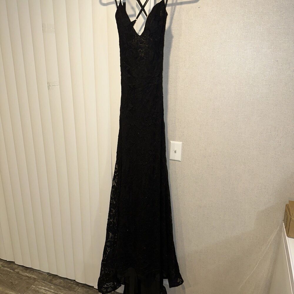 La Femme Black Lace Maxi Dress